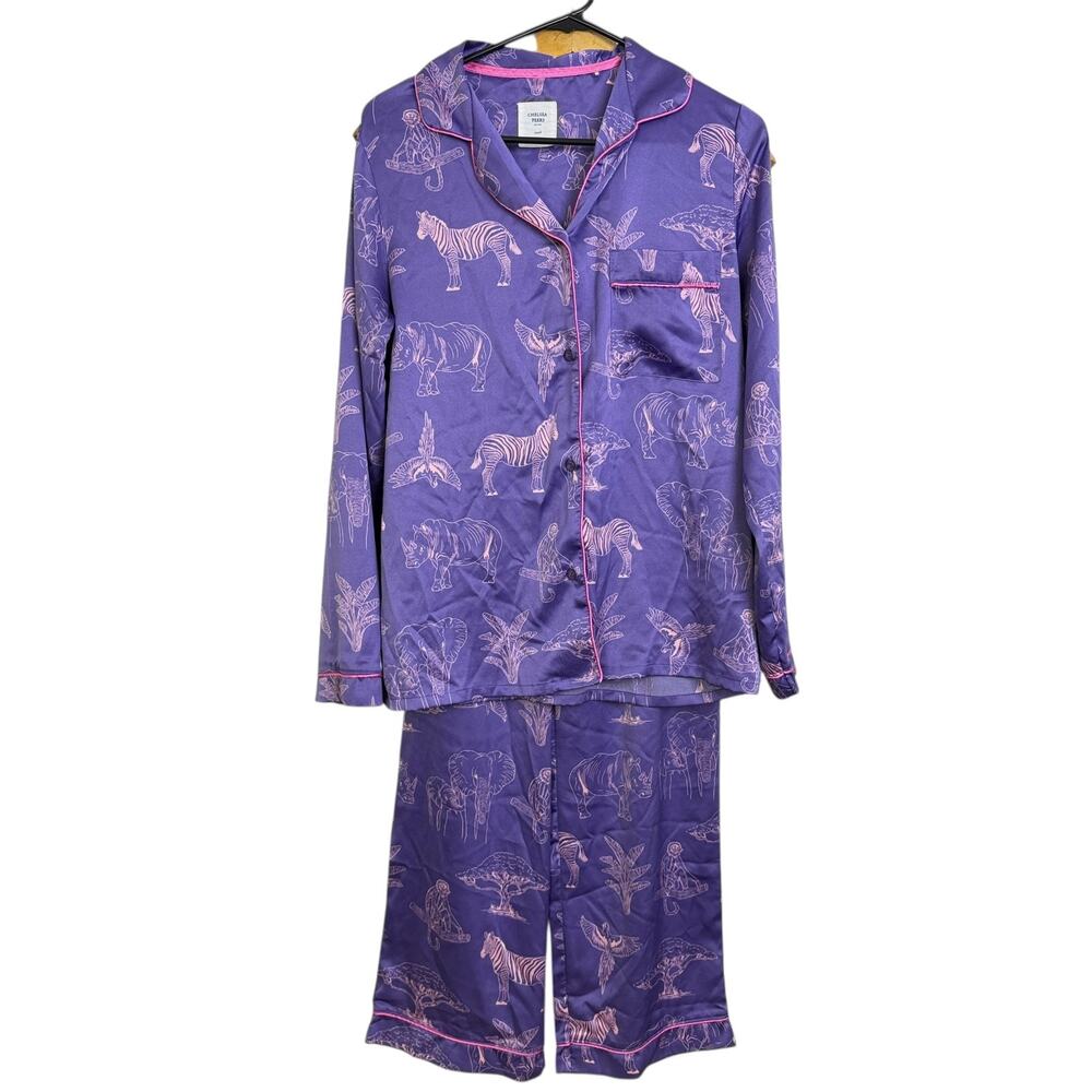 Chelsea Peers Safari Pajama Set Womens Small Purple Satin Button Up Elastic Pink